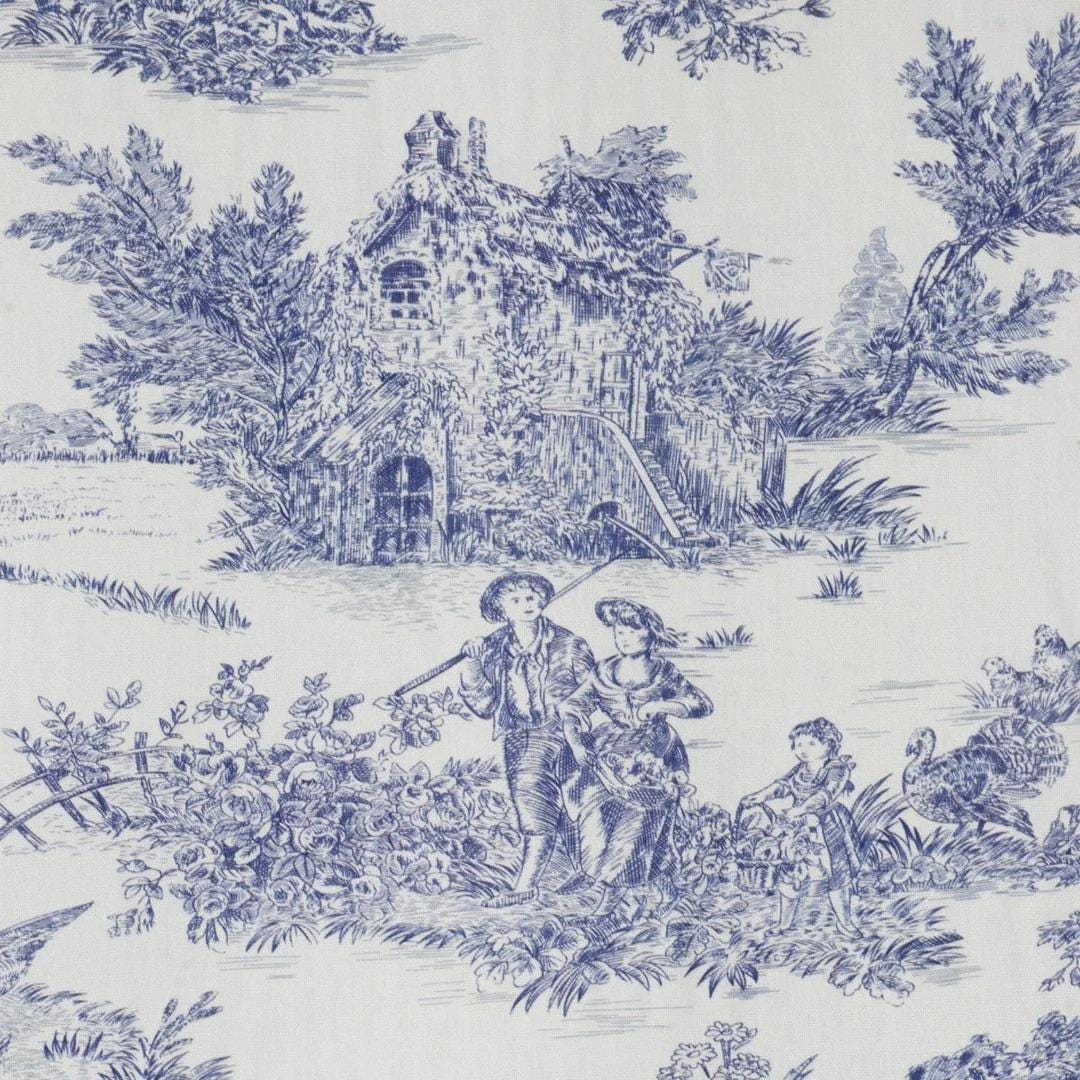 French Toile De Jouy Blue 140cm Fabric Lightweight Cotton French