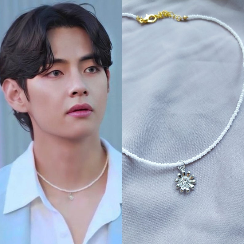 Beaded choker with flower pendant necklace bts V Kim