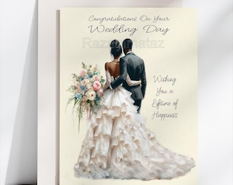 Puede incluir: Tarjeta de boda con una pareja abrazándose, la novia con un vestido blanco con volantes y un ramo de flores en tonos pastel. El texto dice: "Felicitaciones en tu día de boda" y "Deseándoles una vida de felicidad".
