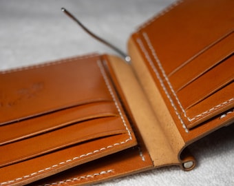 Cartera de cuero con clip para billetes hecha a mano: cuero curtido vegetal personalizado con monedero