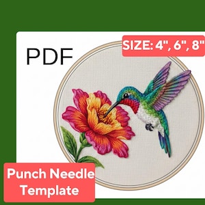 May include: A colorful punch needle template featuring a hummingbird and a flower. The hummingbird has green, blue, and red feathers, and the flower is red and yellow. The template sizes are 4", 6", and 8". The image also includes the word "PDF".