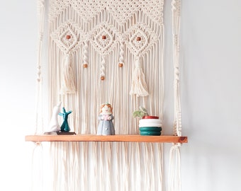 Hanging Shelves/ Wood Shelf/ Macrame Wall Hangings/Farmhouse Wall Decor / Rope Rustic Bookshelf/ Living Room Tassel Beaded Wooden Shelves/