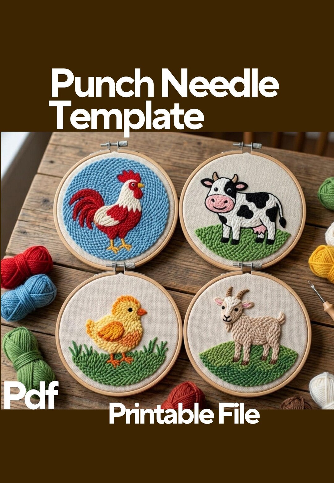Farm Animal Punch Needle Pattern, Beginner Friendly Hoop Art Template ...