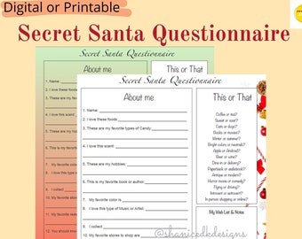 Secret Santa Questionnaire Printable, PDF Secret Santa Gift Exchange Questionnaire, Printable SecretSanta Questionnaire for Work or Personal