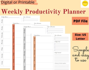 Weekly Productivity Planner | Digital Planner Sheet | Printable Planner | Minimalist Planner| Weekly Gratitude Planner, Vertical Layout