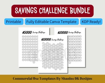 Money Savings Challenge Tracker | Savings Challenge Bundle | Fully Editable in Canva / Print at Home | KDP Savings Challenge Book PLR