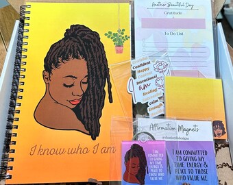 Journal Gift Box For Black Women With Locs, Black Girl Magic, Positive Affirmations Journal, Christian Gift Journal Set with Sticky Note