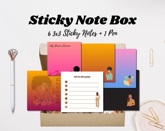 Black Girl Sticky Notes Mystery Box with Pen | 6 Custom Post-it® Designs for Black Women | Stationery Gift Box for Mothers Day