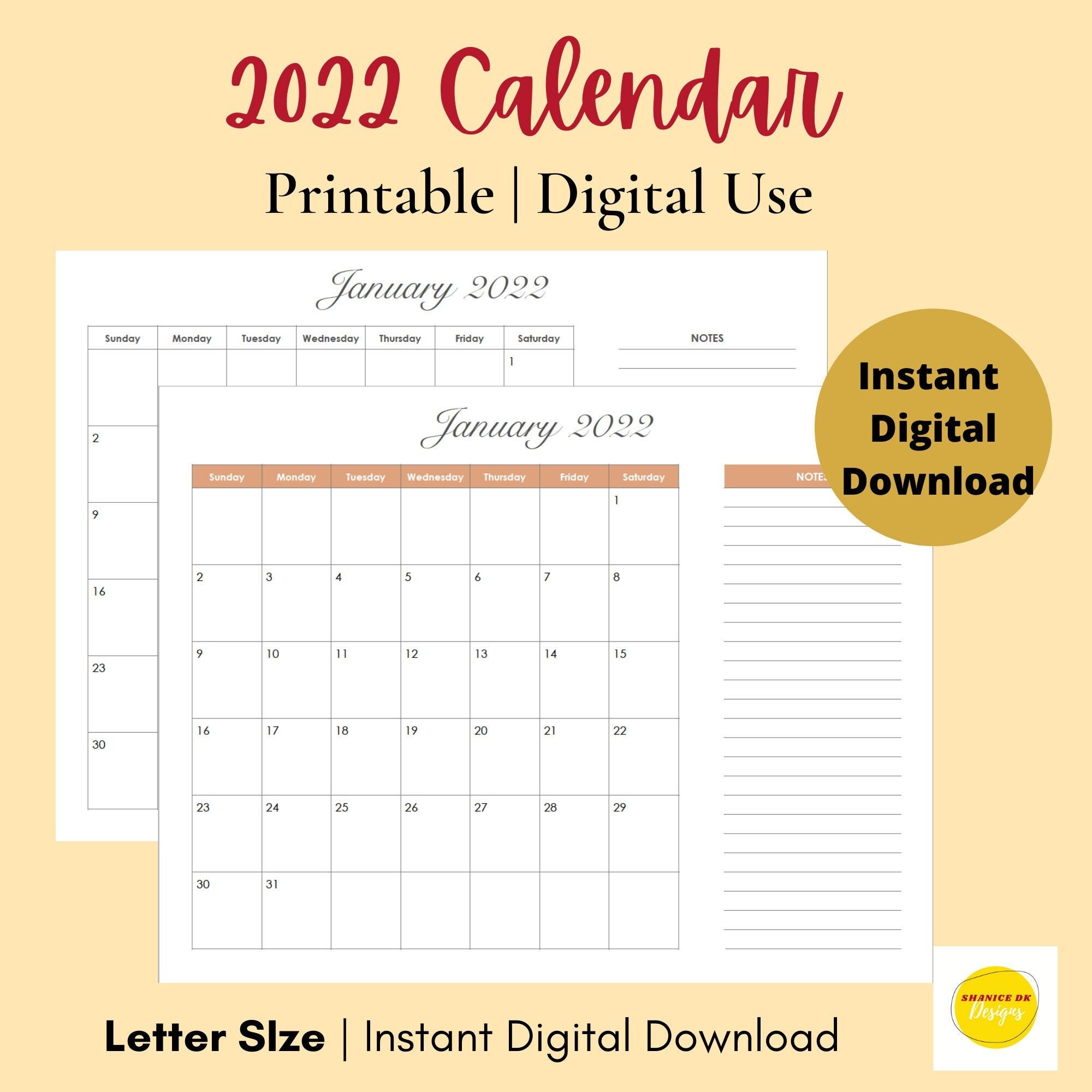 2022 Printable Calendar With Notes 2022 Monthly Calendar | Etsy