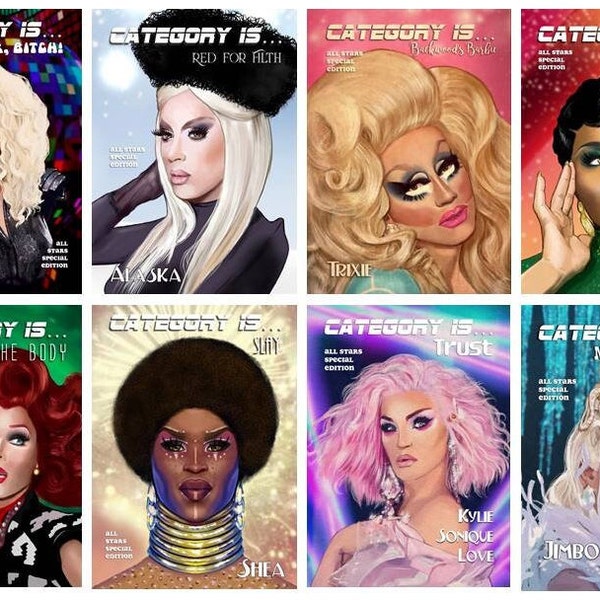 RuPaul’s Drag Race All Stars Winners. Set of 8 Chad Michaels, Alaska, Trixie Mattel, Monét X Change,  Trinity, Shea Couleé, Kylie and Jimbo