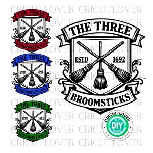 May include: A graphic design featuring the text "THE THREE BROOMSTICKS" with crossed broomsticks, the year "1692", and the word "ESTD". The design is presented in red, blue, green, and black.