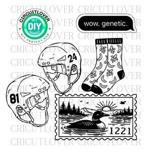 Könnte beinhalten: Schwarz-weiße Grafiken: zwei Eishockeyhelme mit Zahlen, Socken mit Bananenmuster, eine Briefmarke mit einer Seeszene und der Text "wow. genetic."