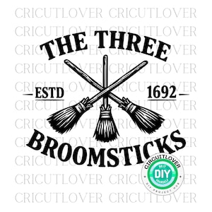 May include: A black and white graphic design with three crossed broomsticks and the text "THE THREE BROOMSTICKS ESTD 1692". A DIY project hub logo is in the bottom right corner.