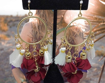 Bohemian Earrings, Dangle, Hoop, Tassel, Fabric Flower, Gold, Hypoallergenic, Unique, Handmade, Fantasy, White, Red, Hippie, Boho, Statement