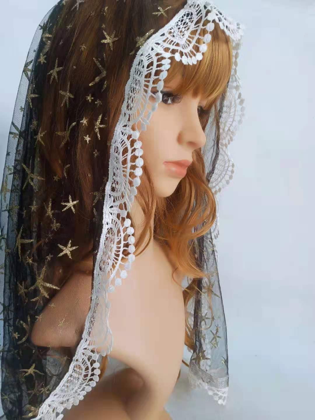 Voile D'Église Beautelicate - Dentelle Brodée Main - Blanc Ou Noir - 95cm - Pour Messe Et Mariage