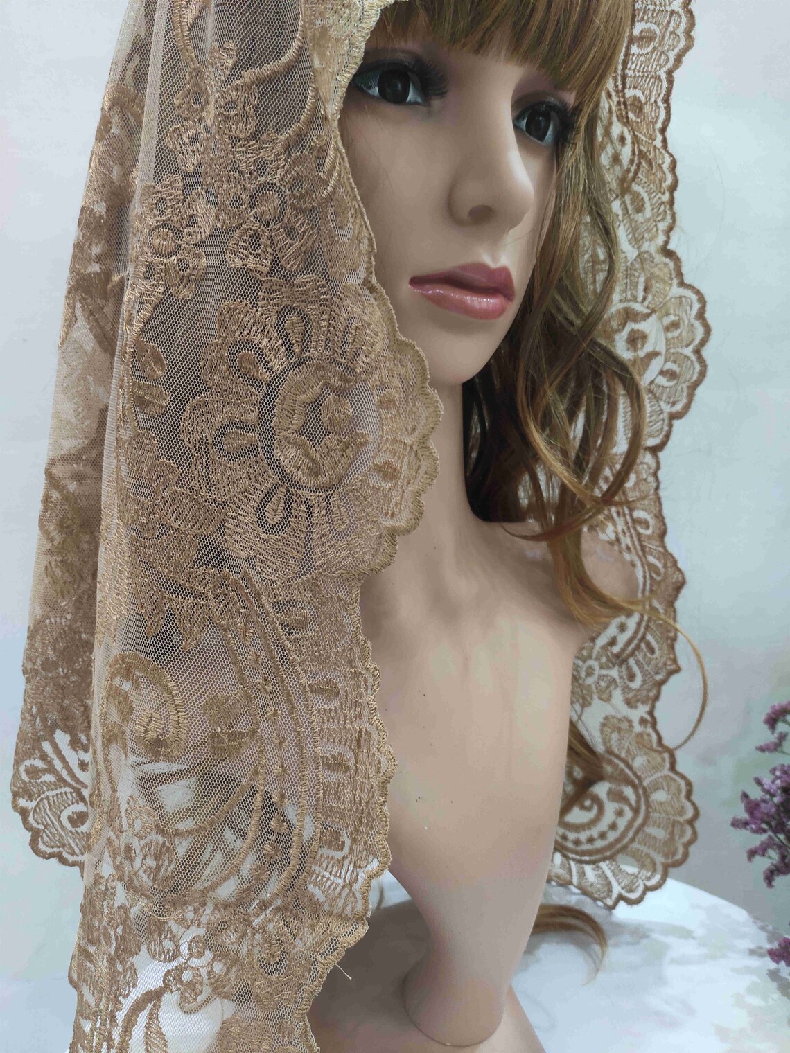 Brown Embroidery Catholic Veil Lace Chapel Mantilla Etsy