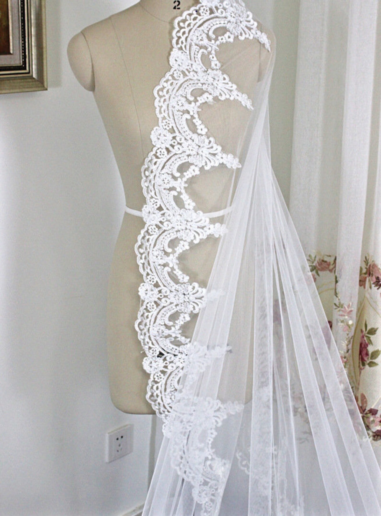 Wedding Veil Lace Trim Embroidery cathedral Bridal Lace Veil Etsy