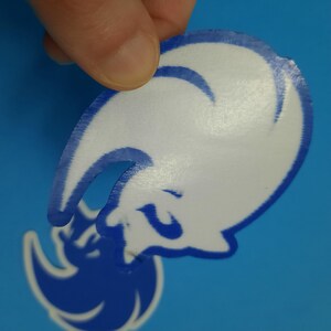 May include: A white sticker with a blue outline and a stylized design, held by a person's fingers. The sticker is on a blue background. The design appears to be a stylized animal.