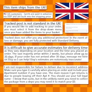 May include: An orange background with text in black and white, including the text "This item ships from the UK!" and information about shipping, tracking, and delivery estimates. A Union Jack flag is in the upper right corner.