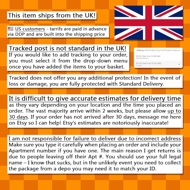 May include: An orange background with text in black and white, including the text "This item ships from the UK!" and information about shipping, tracking, and delivery estimates. A Union Jack flag is in the upper right corner.