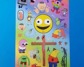 Hoja de pegatinas de amigos sonrientes: Alan, Charlie, Pim, Mr Boss, Glep, Mr Frog