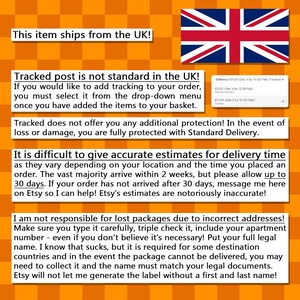 May include: Text on a yellow and orange checkered background explaining that tracked post is not standard in the UK and that the seller is not responsible for lost packages due to incorrect addresses. The text also explains that the seller is fully protected with standard delivery in the event of loss or damage.