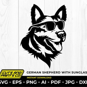 Pastor alemán con gafas de sol, perro svg, logotipo de perro, amantes de las mascotas, perro genial, Cricut y silueta, png transparente, sublimación