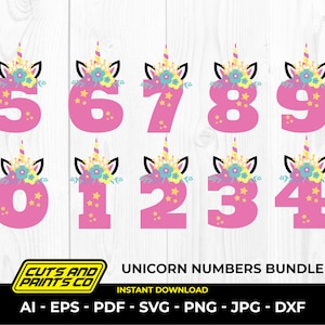 Unicorn Numbers for Kids Birthday bundle, 0-9 unicorn numbers, for Cricut & Silhouette, sublimation, png, ai