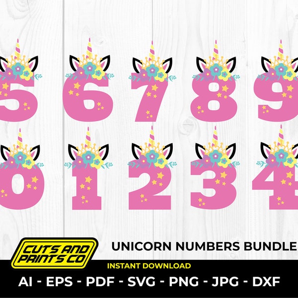 Unicorn Numbers for Kids Birthday bundle, 0-9 unicorn numbers, for Cricut & Silhouette, sublimation, png, ai