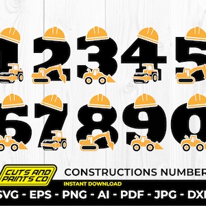 NUMÉROS DE CONSTRUCTION pour le paquet d'anniversaire d'enfants, svg de camion de bulldozer, svg d'excavatrice, svg de rouleau de route, numéros 0-9 pour Cricut et Silhouette,