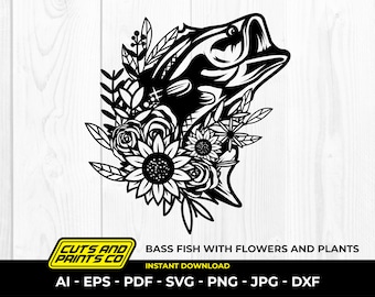 May include: Black and white silhouette of a bass fish with flowers and plants. The fish is facing upwards with its mouth open. The flowers are sunflowers and roses.