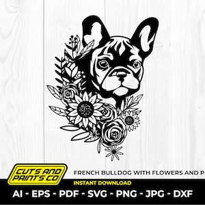 Buldogue francês floral svg, buldogue francês com flores, Frenchie, sublimação floral de rosto de cachorro, design de camisa de retrato de cachorro, Cricut, Silhueta