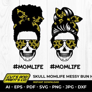 Skull Afro Mom Life svg // Skull Momlife svg // Sunflower svg // Messy Bun Mom svg // Mom Life Cut Files // Mom Life Kid png // Cricut