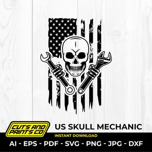 US Skull Mechanic Svg | Patriotic Skull Svg | Mechanic Logo | Skull Mechanic Svg | Wrenches Svg | Mechanic Skull Png | Cutting Files