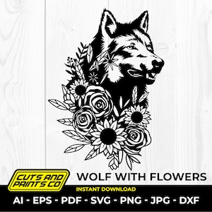Wolf SVG | Wolf mit Blumen SVG | Wolf Gesicht Sublimation | Wolf Shirt Design für Cricut | Wolf geschnitten Dateien | Wolfsgesicht Design | Wolf Clipart