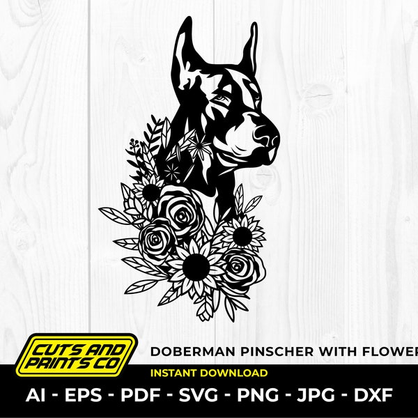 Doberman svg, Doberman Pinscher with flowers, black Doberman svg, doggo svg, dog svg, pet svg, doggo drawing, doberman cricut, svg, png, dxf