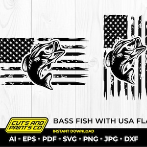 Bass Fish and USA Distressed Flag SVG for Cricut and Silhouette, transparent png, ai, eps, pdf, jpg, dxf, sublimation, fish clipart