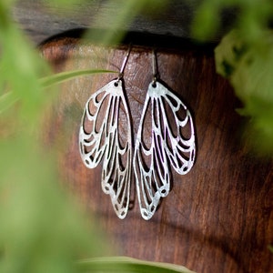 Silver butterfly wing earrings, hand hammered stainless steel, fantasy, elven, fairycore jewellery, fairy dangle earrings