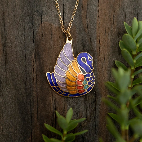 Vintage Cloisonné blue swan necklace bird pendant vintage enamel necklace