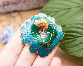 enamel flower brooch hibiscus brooch pin magnolia rose brooch spa blue brooch Aqua flower brooch teal bridal brooch Turquoise brooch