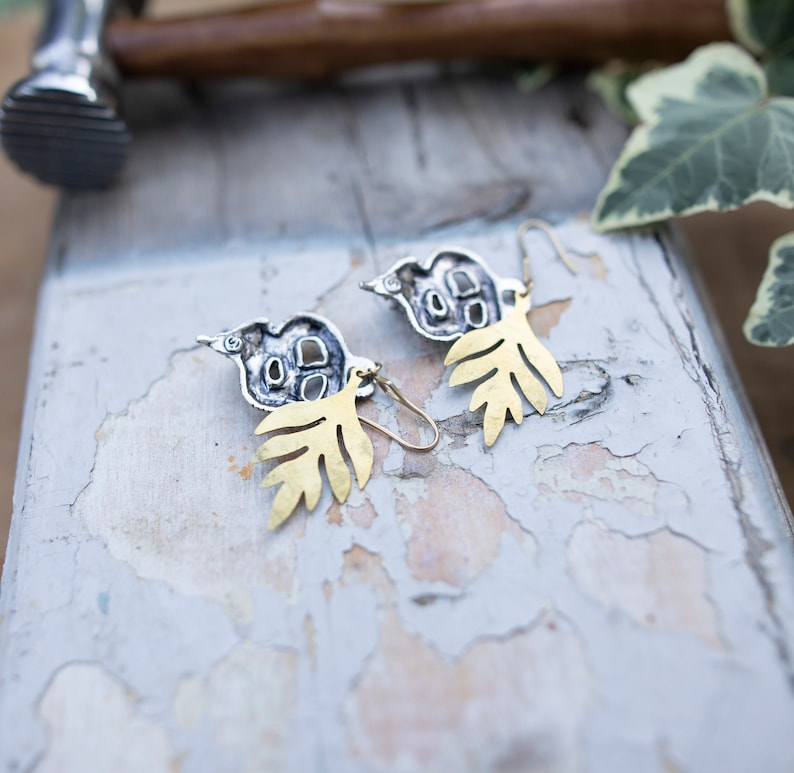 Reworked vintage snake earrings silver snake earrings solid brass leaf earrings gold leaf statement earrings