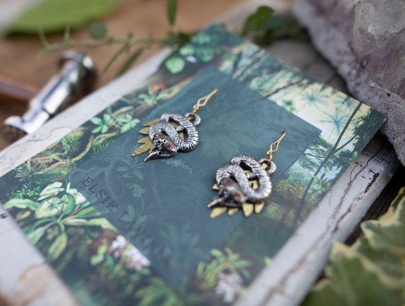 Reworked vintage snake earrings silver snake earrings solid brass leaf earrings gold leaf statement earrings