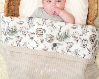 Personalized Baby Blanket, Embroidered Baby Blanket with Name, Custom Knit Muslin Newborn Blanket, Woodland Baby Shower Gift, Gender Neutral