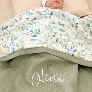 Grüne Waffel Musselin Decke, gehäkelte Baby Decke, Musselin Decke, personalisierte Baby Decke, Babyshower Geschenk, individuelle Kinderwagen Decke