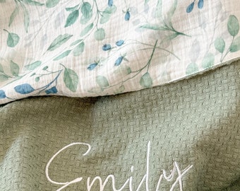 Summer baby blanket, Waffle muslin baby blanket with name, Stroller blanket, Organic baby muslin blanket, personalized baby blanket