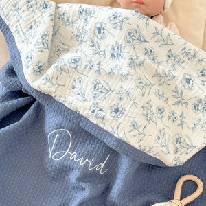 Musselin und Waffel Decke für Baby, Leichte Sommer Decke, Bio Baumwolle Baby Musselin Decke, Personalisierte Baby Decke, Geschenk für Baby