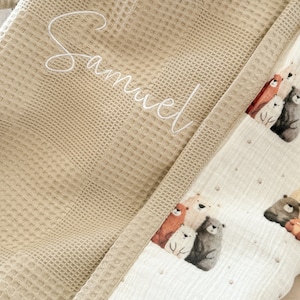 Personalisierte Babydecke mit Waffelmuster, Bio-Swaddle-Decke, Bärenfamilie, Musselindecke, Personalisierte Babydecke, Musselindecke