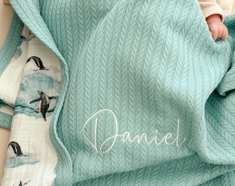Musselin Decke mit Waffelmuster, personalisierte Babydecke, Babyshower Geschenk, maßgeschneiderte Kinderwagendecke, Musselindecke, Swaddle-Muster