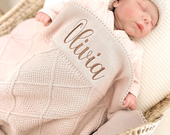 Manta de bebé tejida personalizada con nombre, regalo personalizado para baby shower, manta suave para recién nacidos ideal para fotos, artículo esencial unisex para bebés