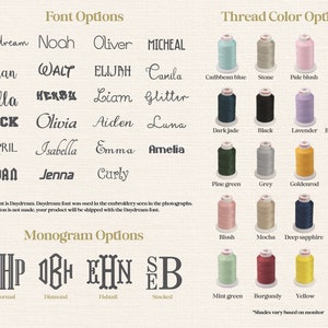 Puede incluir: Un gr&aacute;fico con opciones de fuente para bordados, incluyendo Daydream, Noah, Oliver, Micheal, Ethan, WALT, Elijah, Camila, Ella, HENGY, Liam, Glitter, JACK, Olivia, Aiden, Luna, APRIL, Isabella, Emma, Amelia, LOSAN, Jenna y Curly. El gr&aacute;fico tambi&eacute;n incluye opciones de color de hilo, como azul caribe, piedra, rosa p&aacute;lido, rojo, jade oscuro, negro, lavanda, marr&oacute;n de castor, verde pino, gris, amarillo dorado, azul Alice, rubor, moca, zafiro profundo, rojo coral, verde menta, burdeos, amarillo y blanco. El gr&aacute;fico tambi&eacute;n incluye opciones de monograma, como Formal, Diamante, Cola de pez y Apilado.